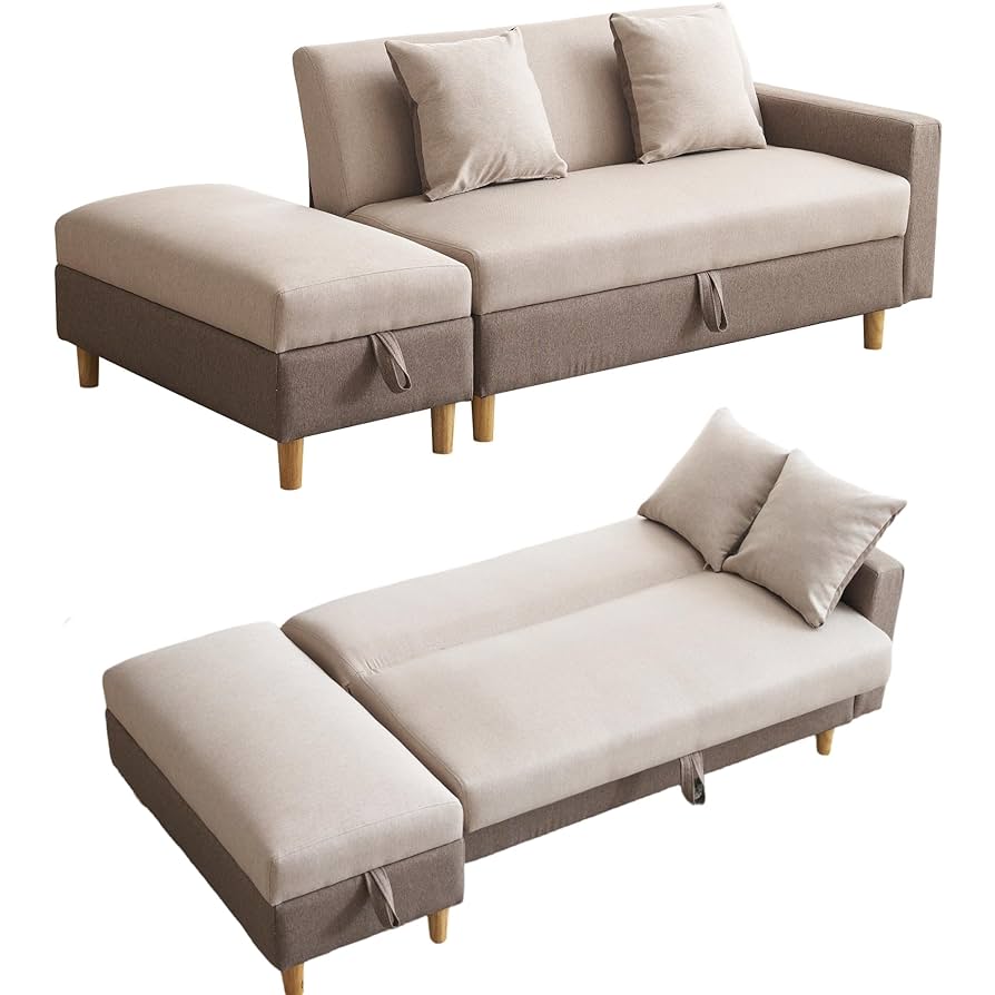 ベージュのソファベッドとオットマンセット ベージュのソファベッドとオットマンセット